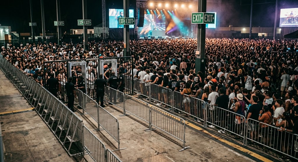 Wide shot of a hip hop concert venue floor showing the crowd area, barriers, and stage where general liability bodily injury and property damage exposures arise