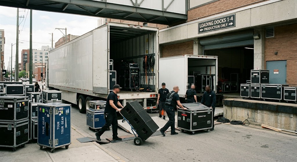Wide shot of a venue loading dock during a hip hop concert load-in, the transit and handling moment where production equipment faces its highest damage and theft exposure