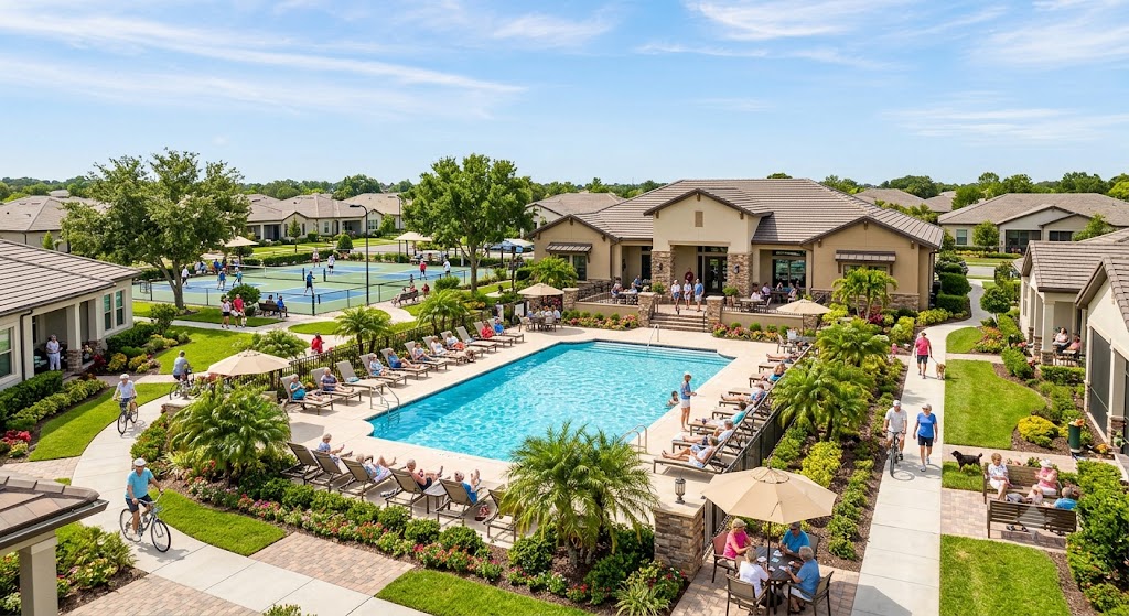 Active adult 55-plus community clubhouse plaza and gathering space covered by association insurance