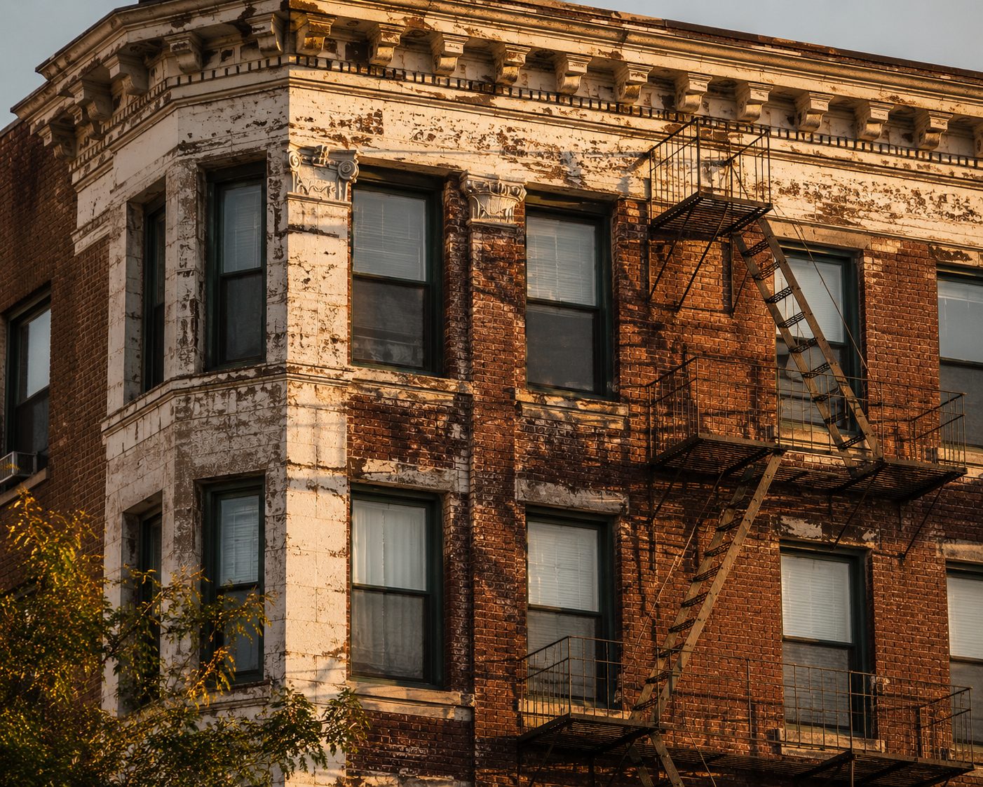Aging condo building with weathered facade and fire escape