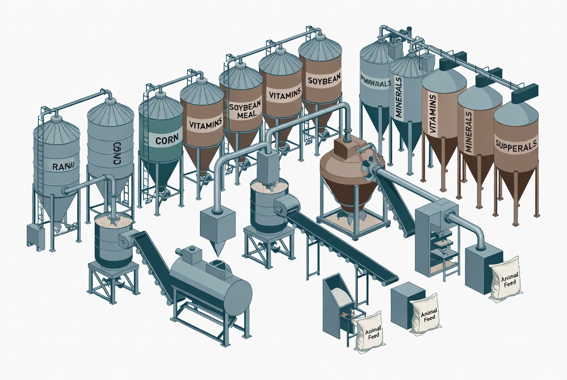 Animal feed and supplement manufacturer insurance production and blending facility with batching equipment, ingredient storage, packaging, and quality control
