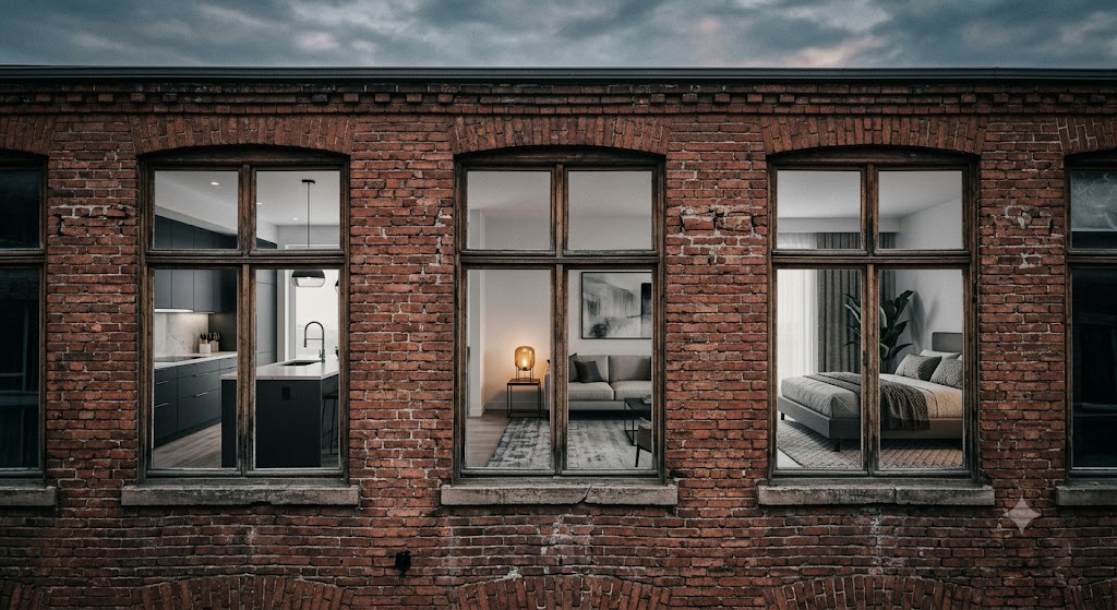 Double-exposure image of an apartment building transitioning to a condominium conversion