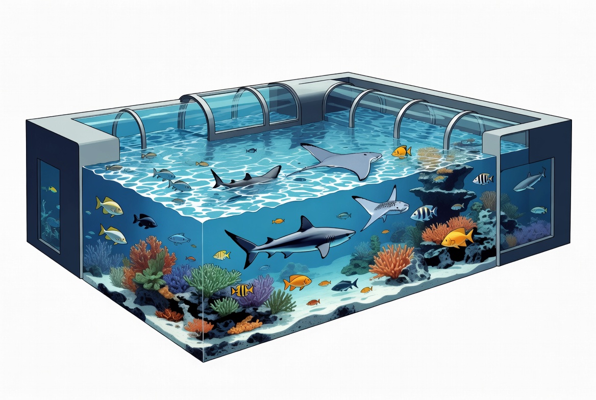 Aquarium and marine life attraction insurance large ocean tank exhibit with visitors, marine animals, water systems, and public attraction coverage concerns