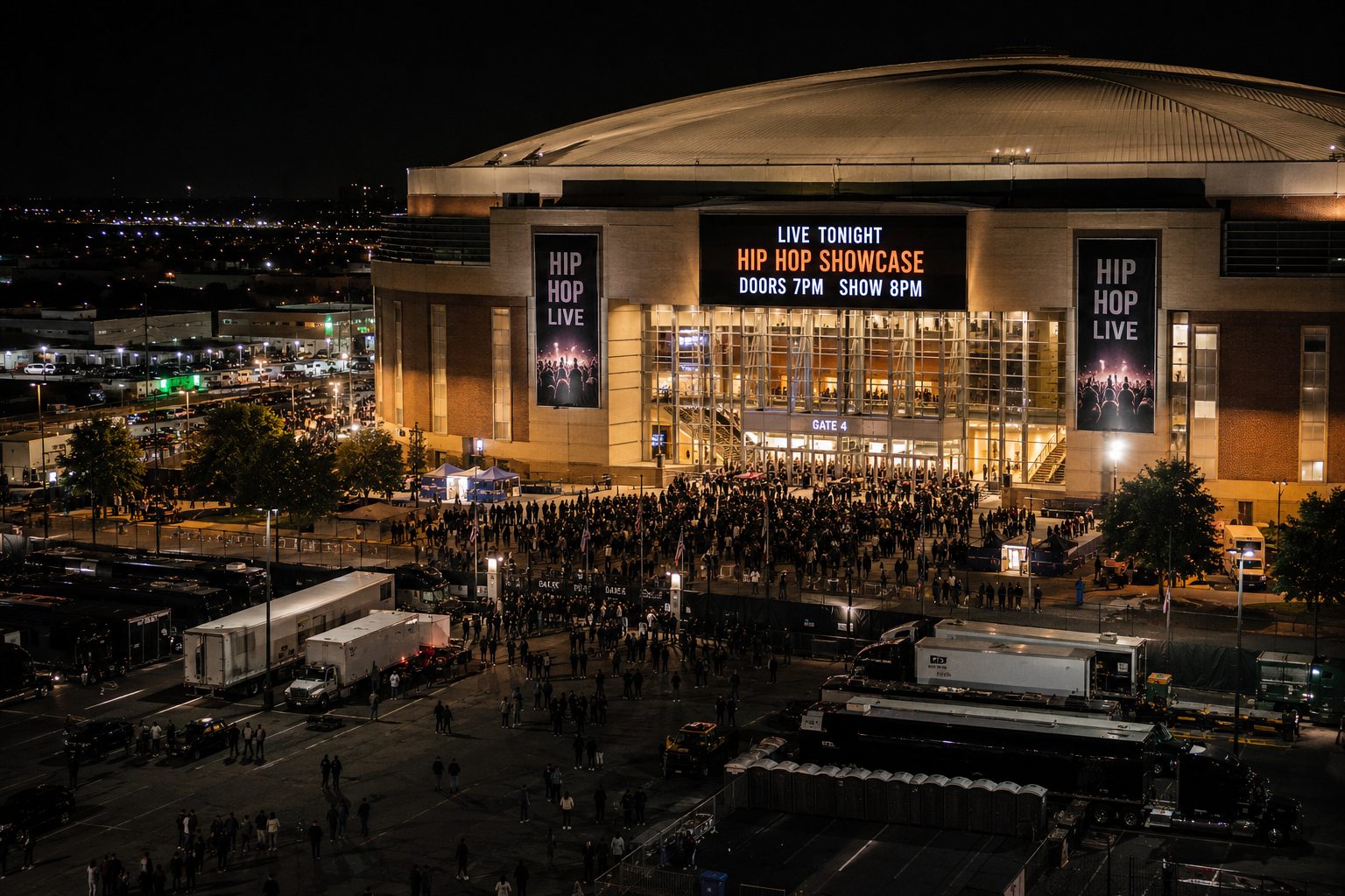 Exterior of an arena on a rap concert event night with tour buses parked outside, the large-venue setting that brings strict insurance and certificate requirements