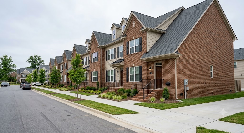 Row of attached townhomes with shared walls and roofs covered by association insurance