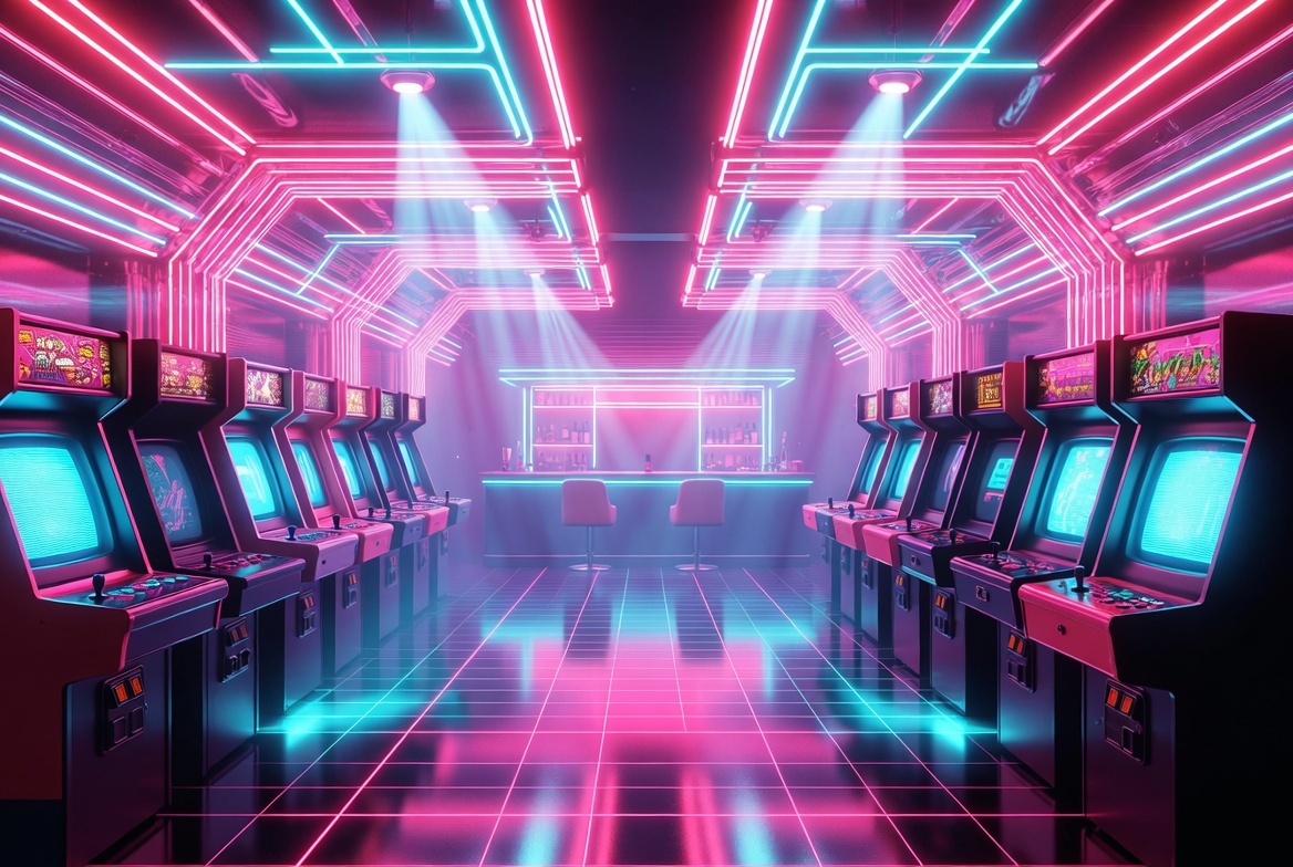 Retro arcade cabinets and neon bar for barcade insurance