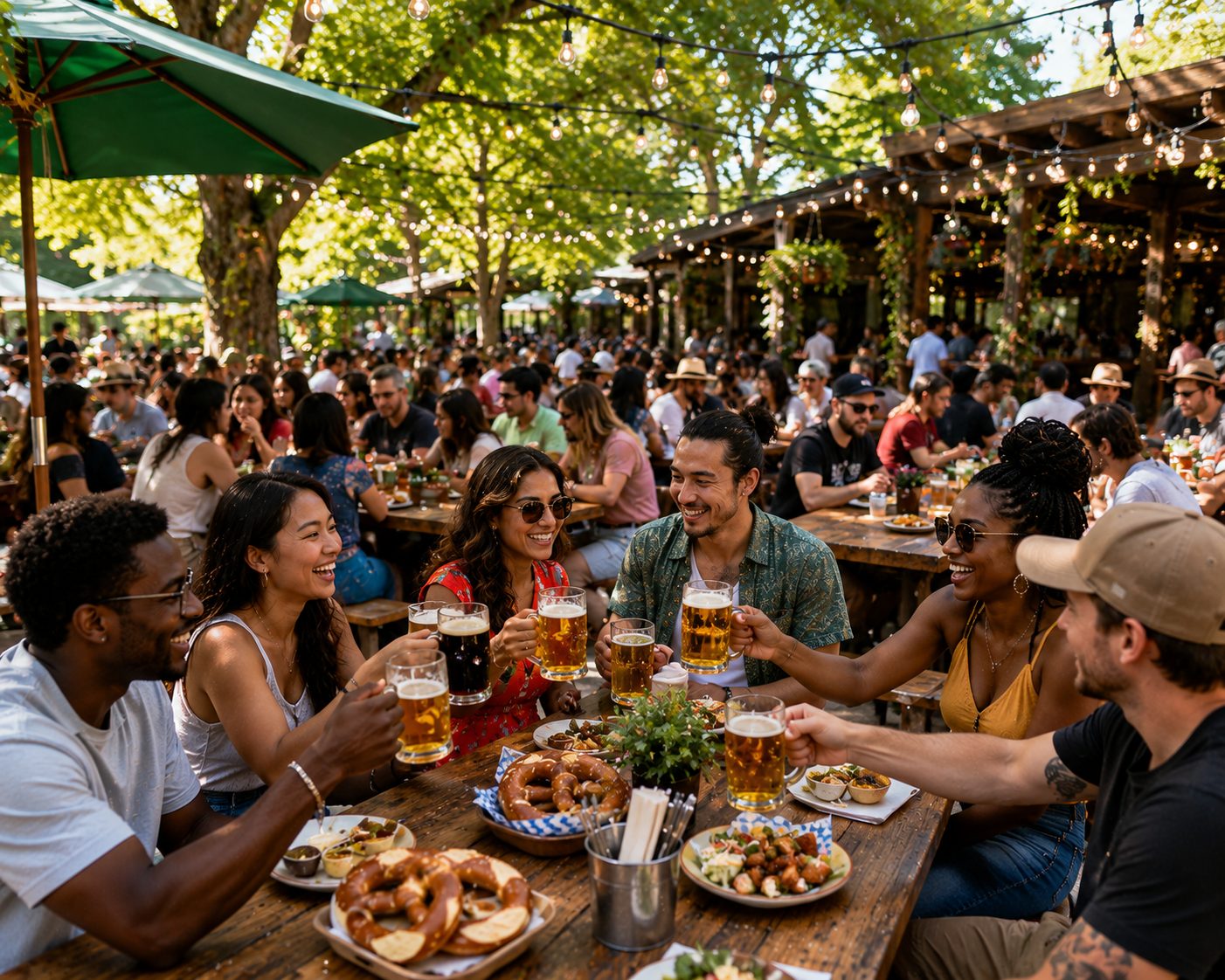 Beer garden with outdoor communal tables and string lights for beer garden insurance