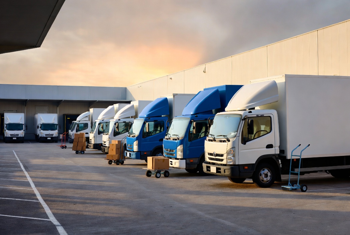 Delivery trucks at loading dock for beverage fleet insurance