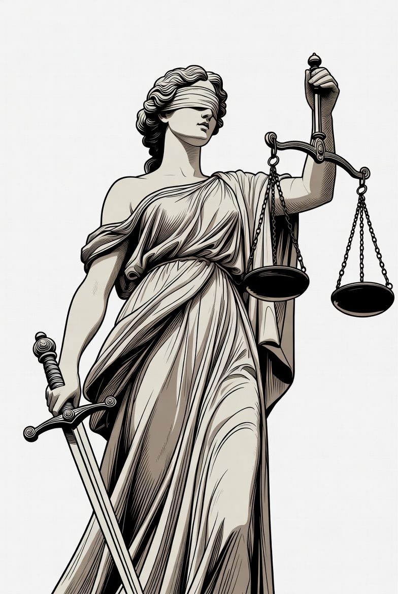 Blind justice illustration holding balanced scales and a sword for commercial general liability insurance, lawsuit defense, and contract requirement review.