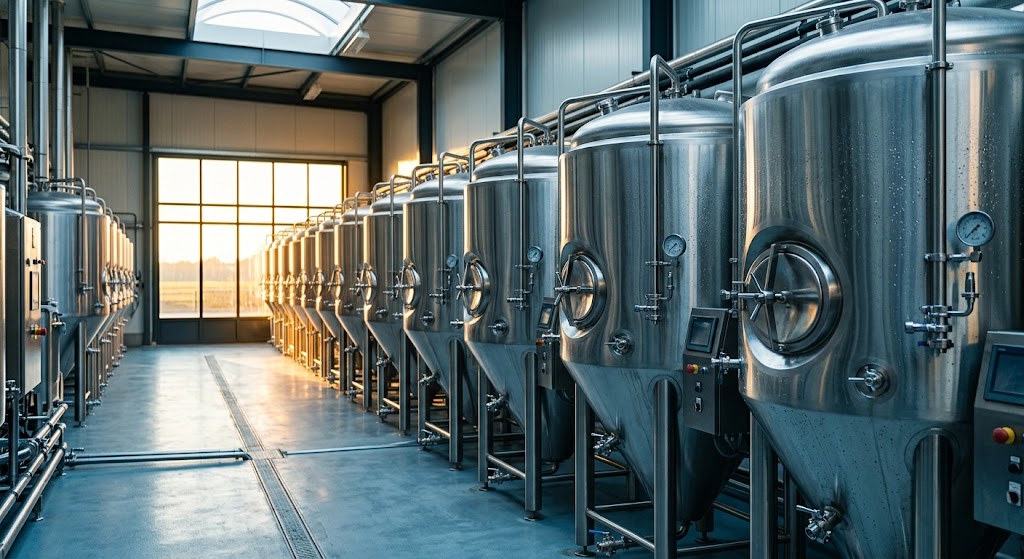 Stainless tanks in a brewhouse for brewery insurance