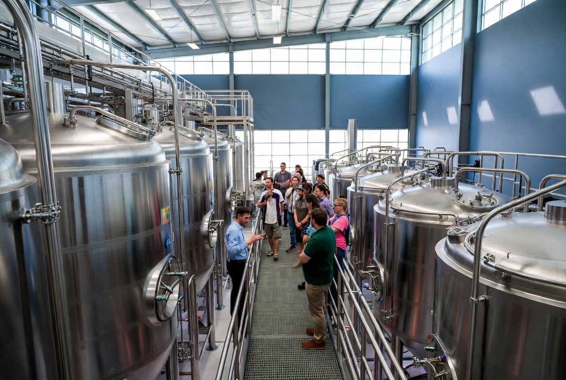 Guided group on catwalk near tanks for brewery tour insurance