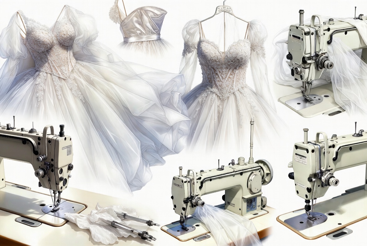Bridal designer insurance showing couture wedding dress sewing, fabric cutting, gown construction, fittings, and atelier production process