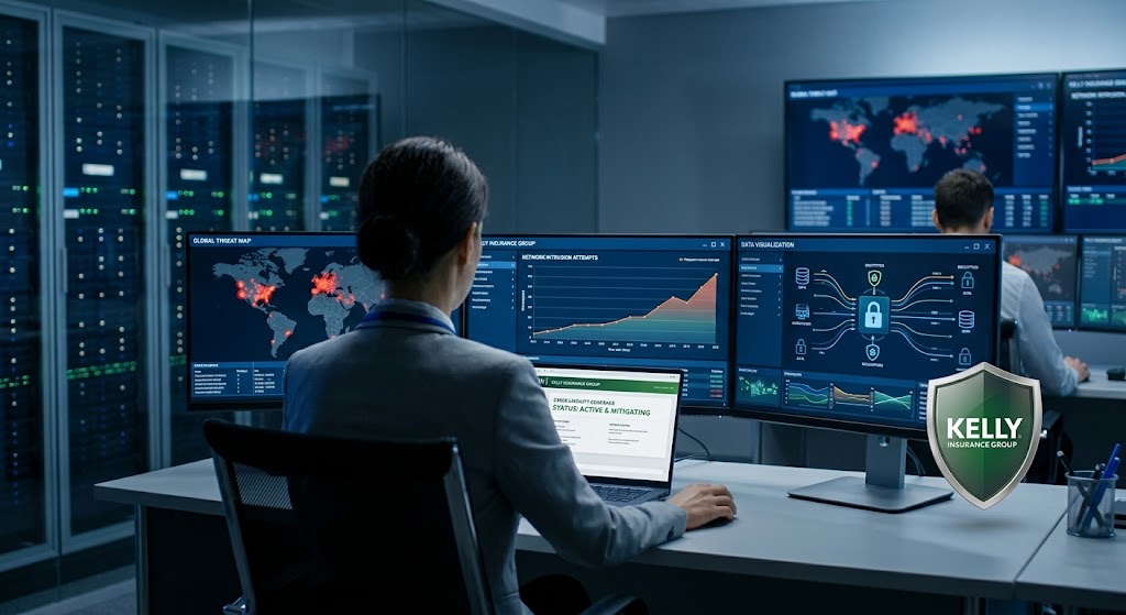 Business cyber insurance security operations center monitoring ransomware data breach and network risk