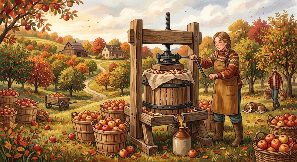 Orchard apple press and barrels for cidery insurance