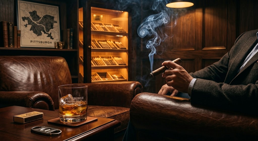 Leather humidor and whiskey for cigar lounge insurance