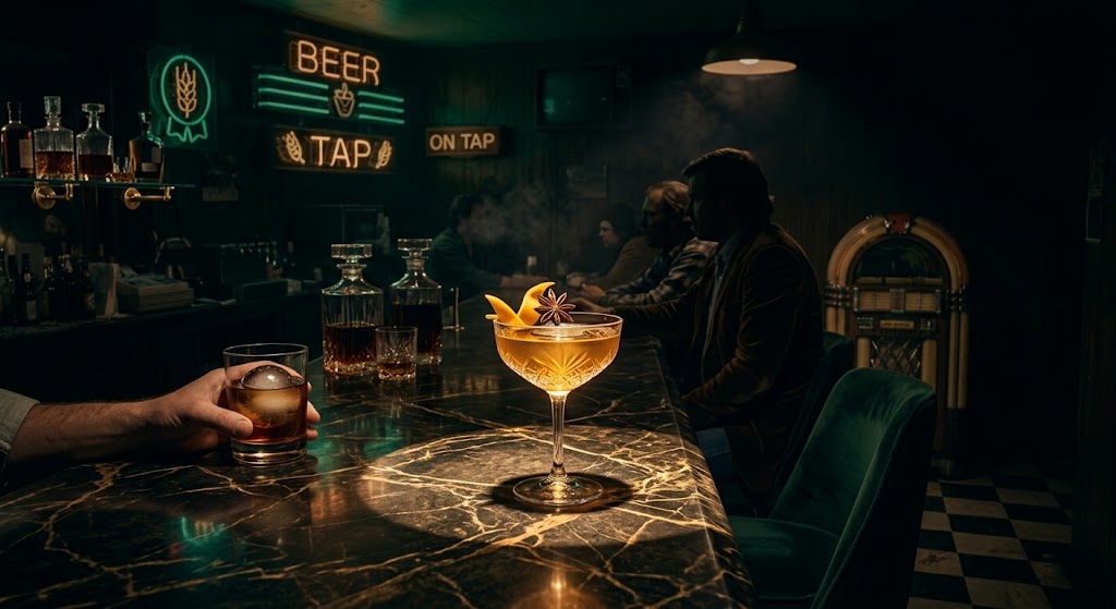 Elegant dim cocktail lounge with crafted drinks for cocktail lounge insurance