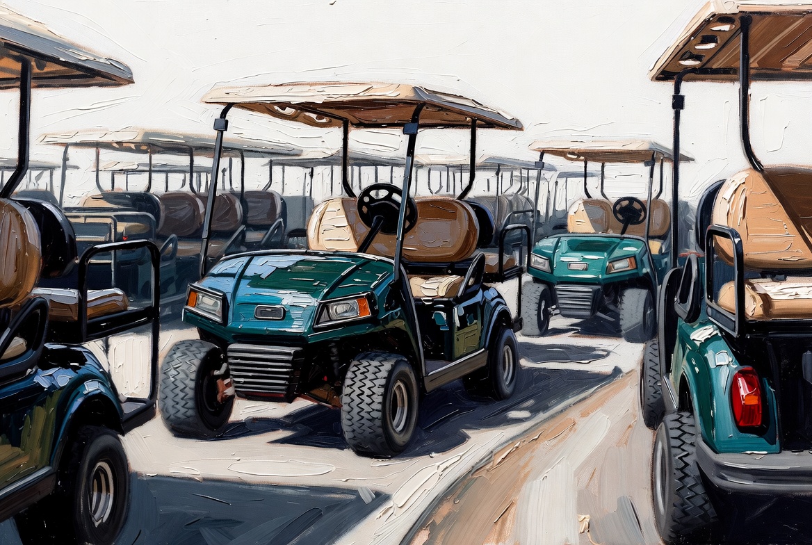 Commercial golf cart fleet insurance original oil painting with row of golf carts