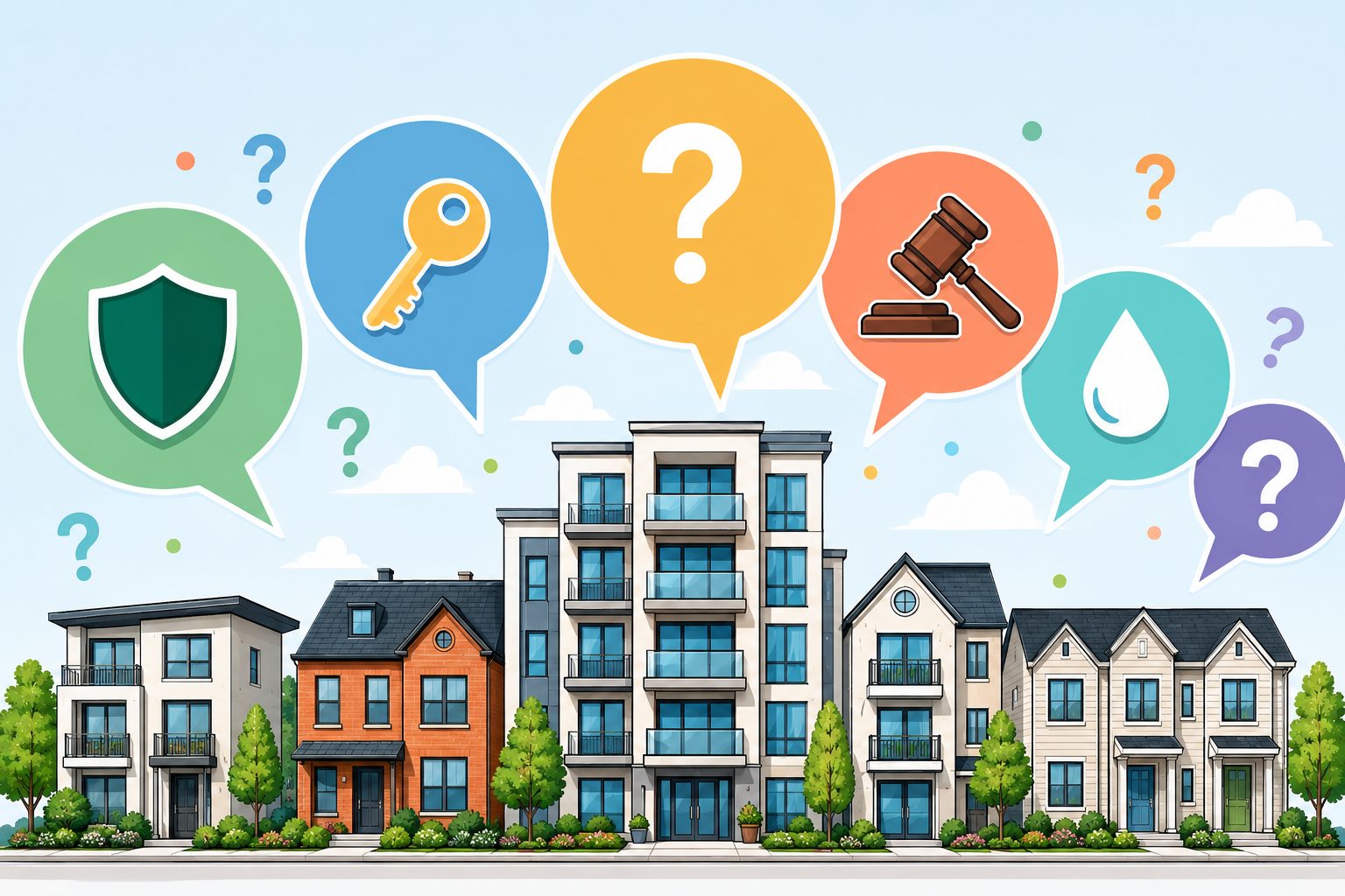 Speech bubbles over skyline representing community association insurance frequently asked questions