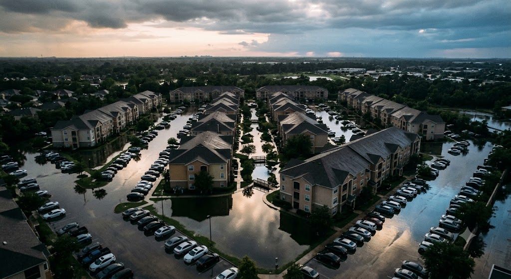 Condo community in standing floodwater representing RCBAP master flood insurance