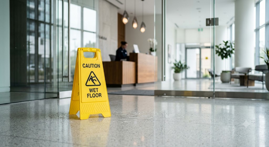 Wet floor caution sign in a condominium lobby representing general liability insurance for associations