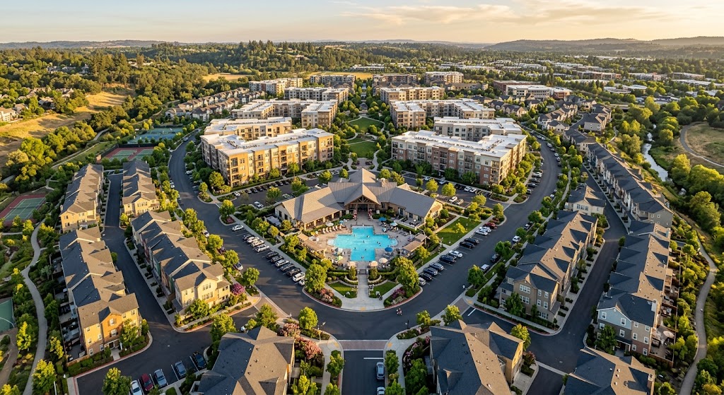 Aerial view of a condo and townhome community with clubhouse and pool served by association insurance