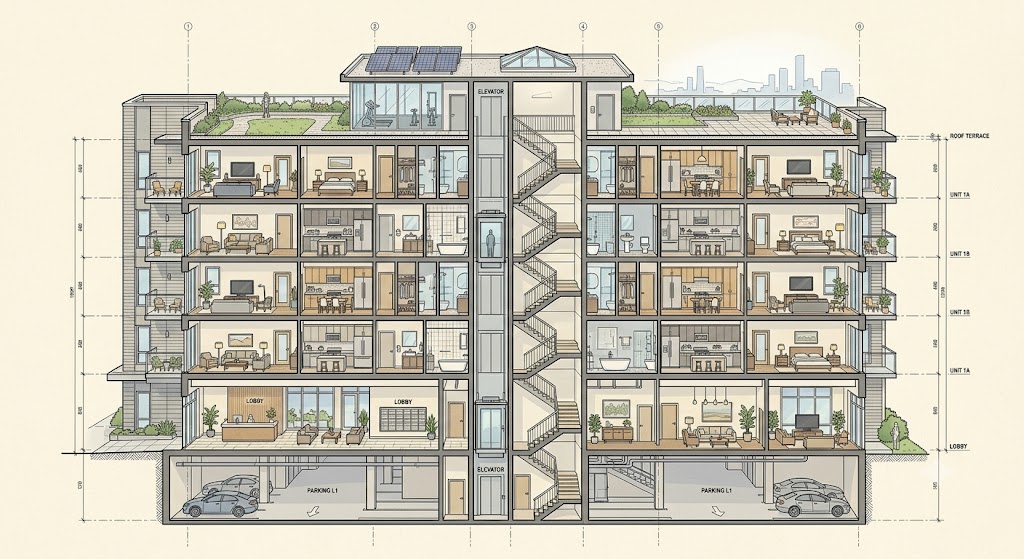 Cutaway diagram of a condominium building illustrating shared and unit areas for association insurance