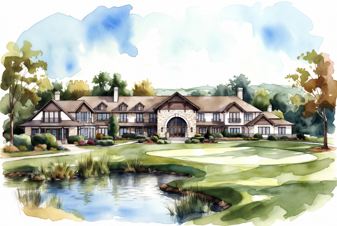 Country club insurance illustration with elegant clubhouse, golf course views, fairways, and club property