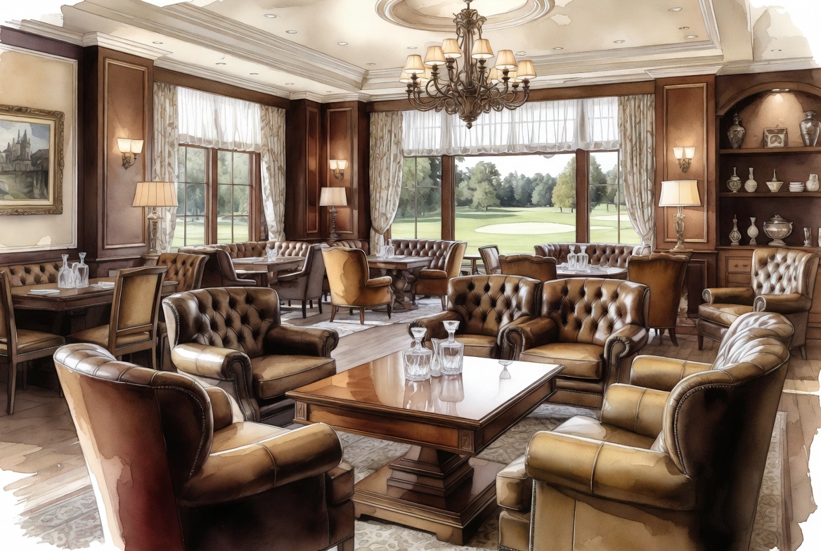 Country club liquor liability insurance watercolor scene with luxury club lounge, bar, glasses, and clubhouse hospitality