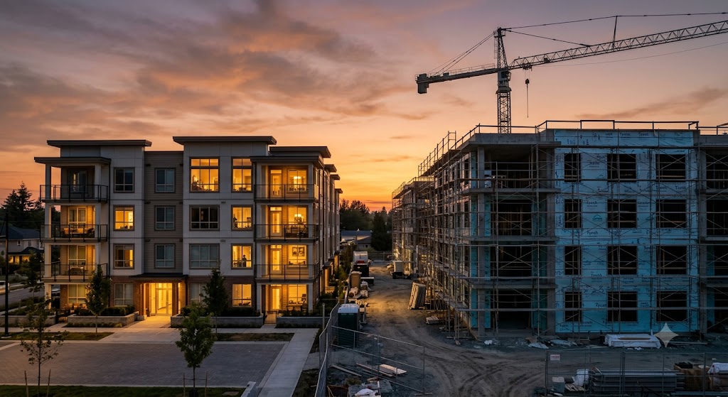 Half-built community at dusk during the developer-to-owner transition period