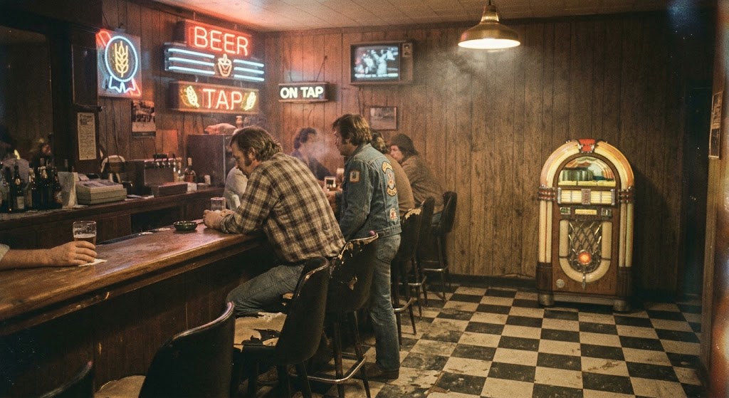 Worn vintage dive bar interior with neon beer signs for dive bar insurance