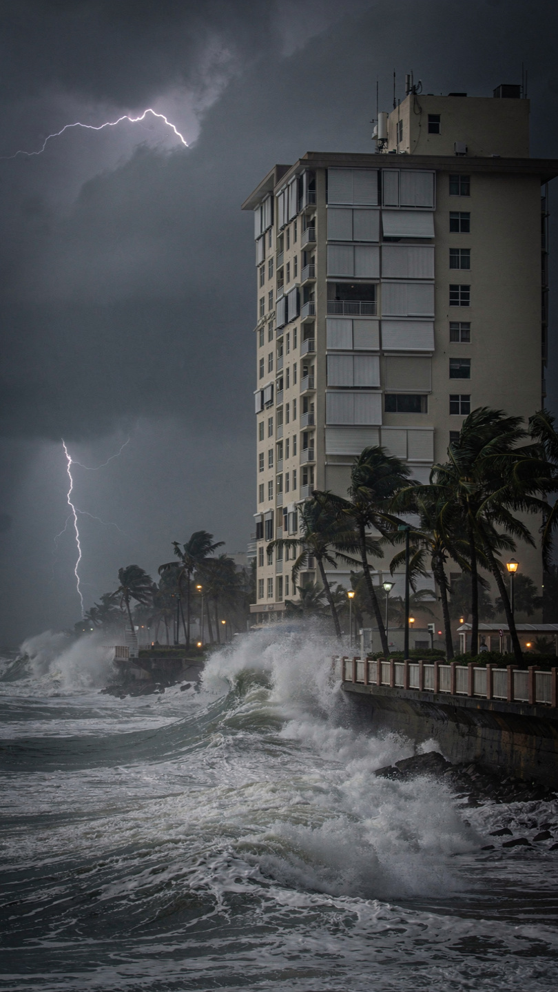 Florida condo with hurricane shutters and bending palm trees during wind event