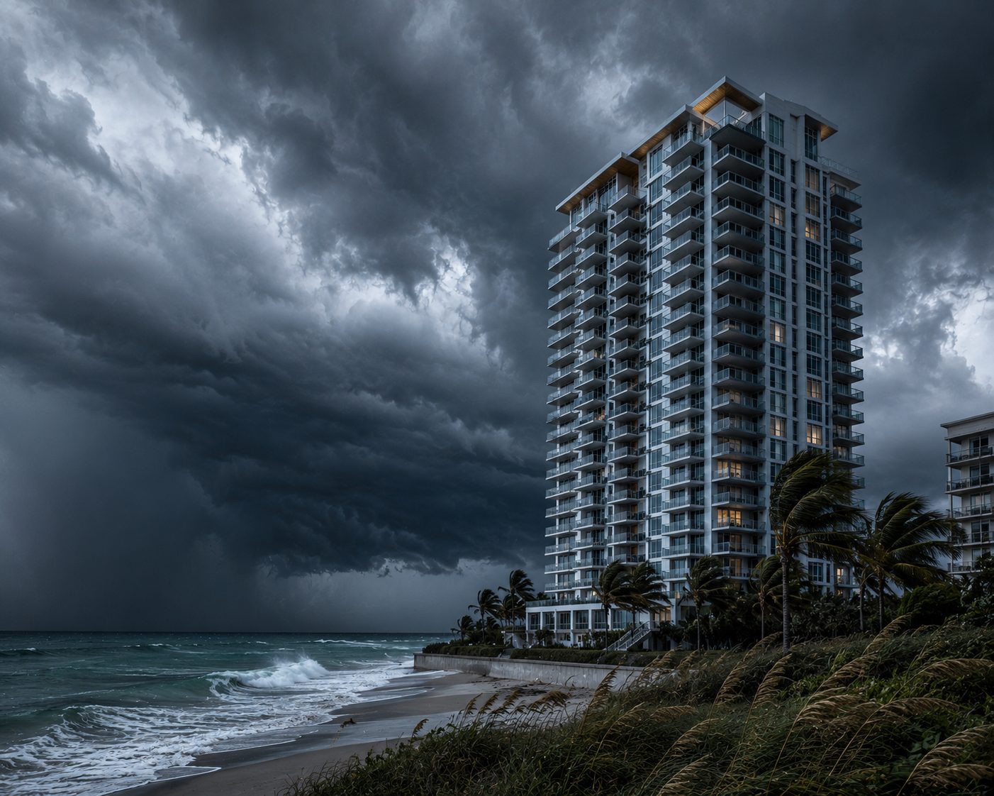 Coastal condo tower with hurricane shutters as storm approaches