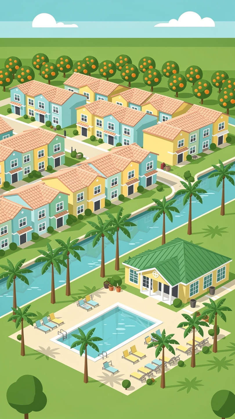 Florida inland townhome community under oak canopy