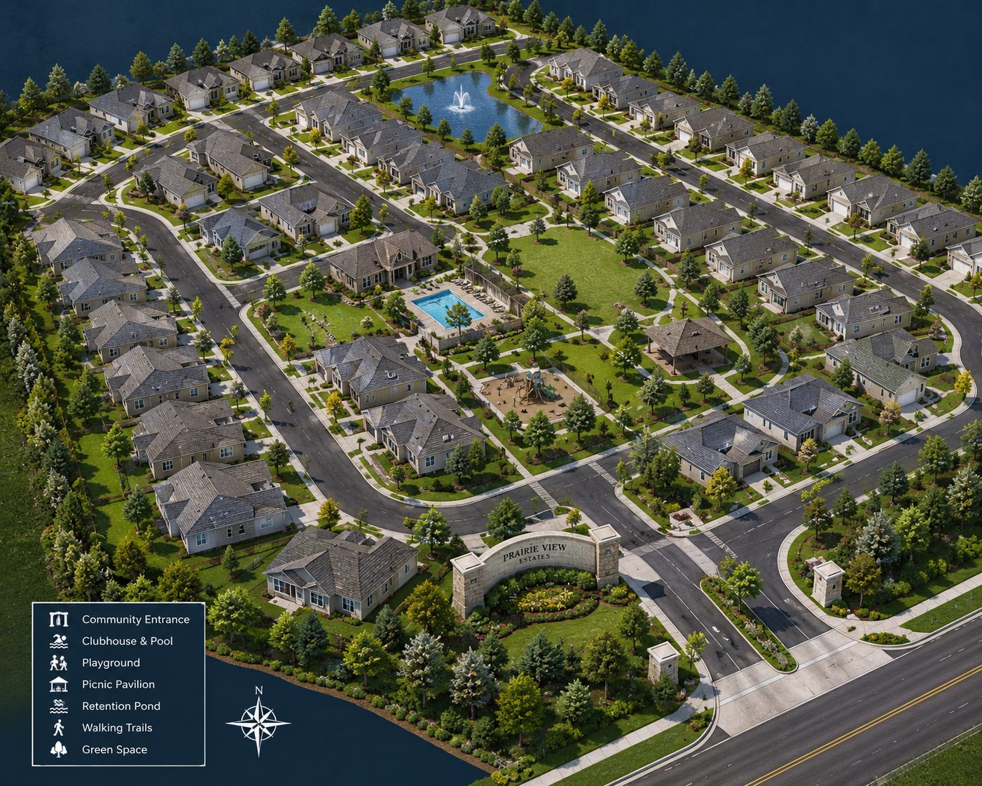 Community retention pond with fountain in isometric view representing lake and pond association insurance