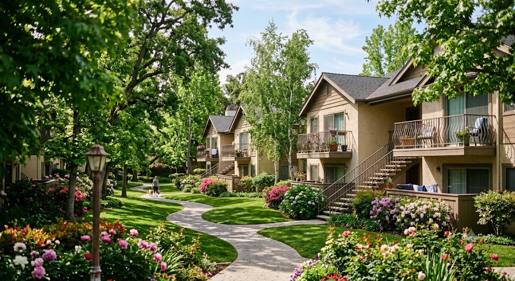 Garden-style low-rise condo buildings among landscaped grounds covered by association insurance