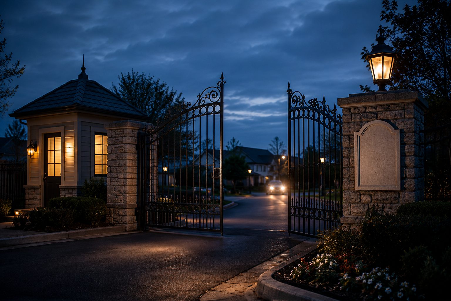 Gated community entrance with guardhouse at dusk representing private road association insurance