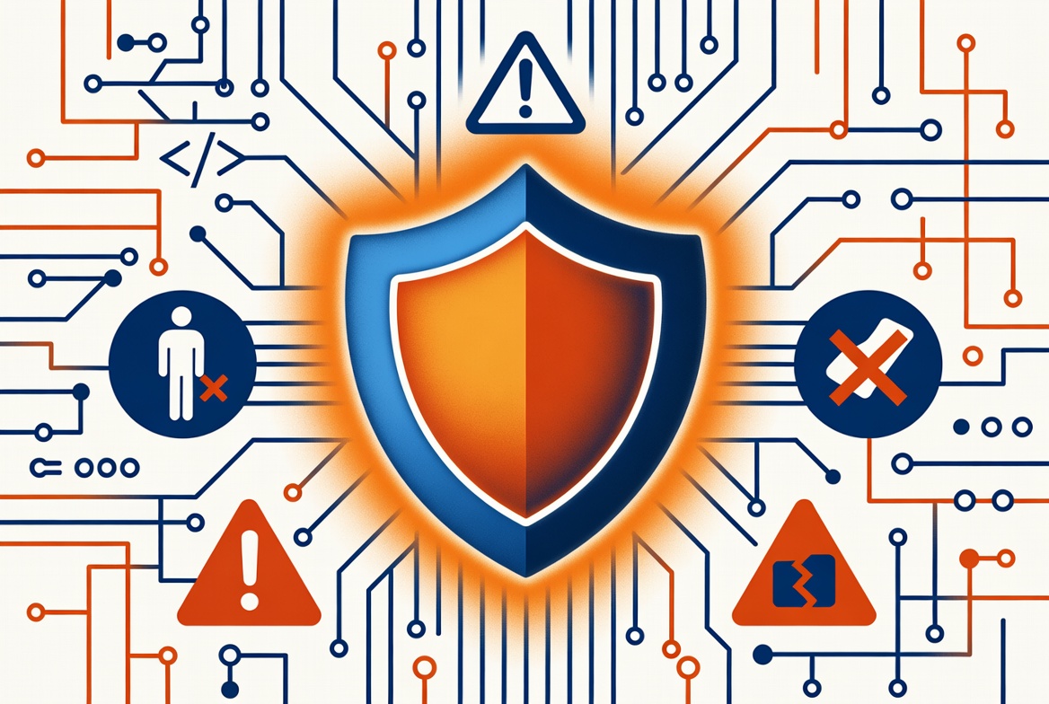 Protective shield with warning icons and circuit lines representing generative AI bodily injury and property damage insurance review