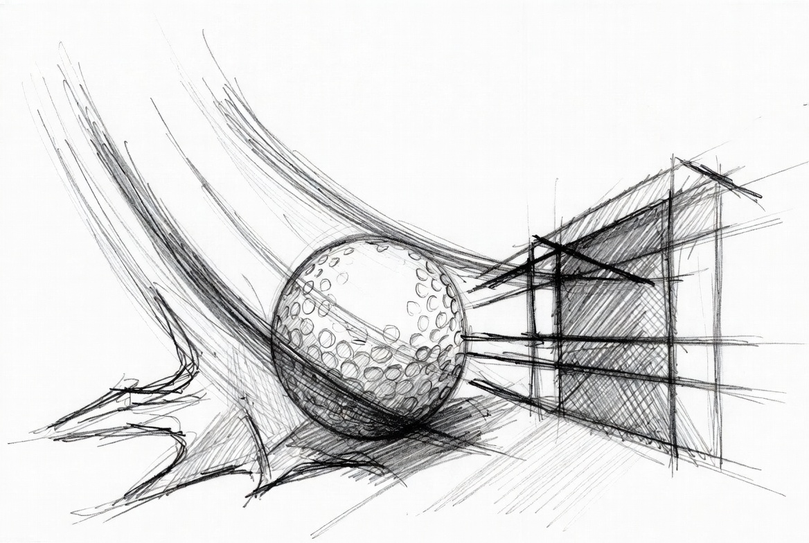 Golf ball property damage insurance pencil sketch with broken window and ball impact