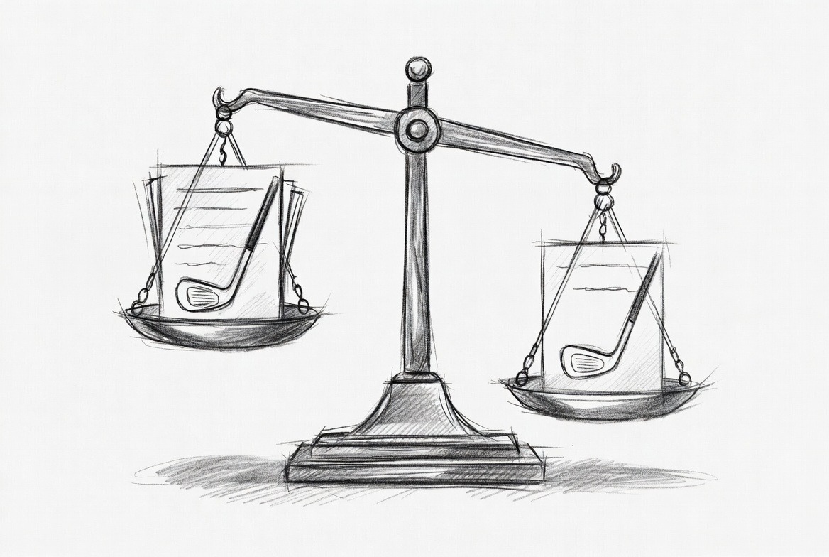 Golf club employment practices liability insurance pencil icon with balance scale and documents