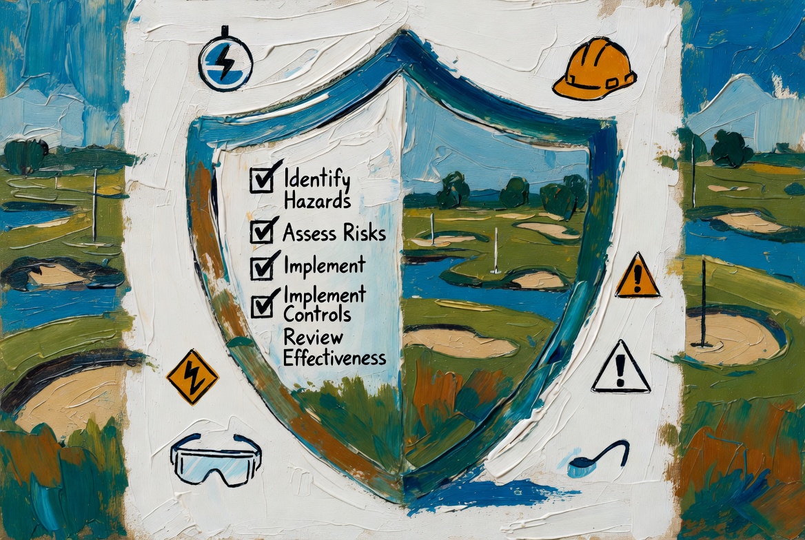 Golf club risk management guide original oil painting with shield checklist and safety symbols
