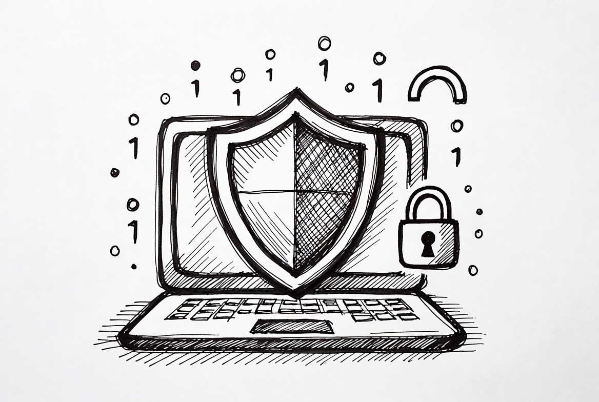 Golf course cyber liability insurance pen drawing with laptop shield and digital threats