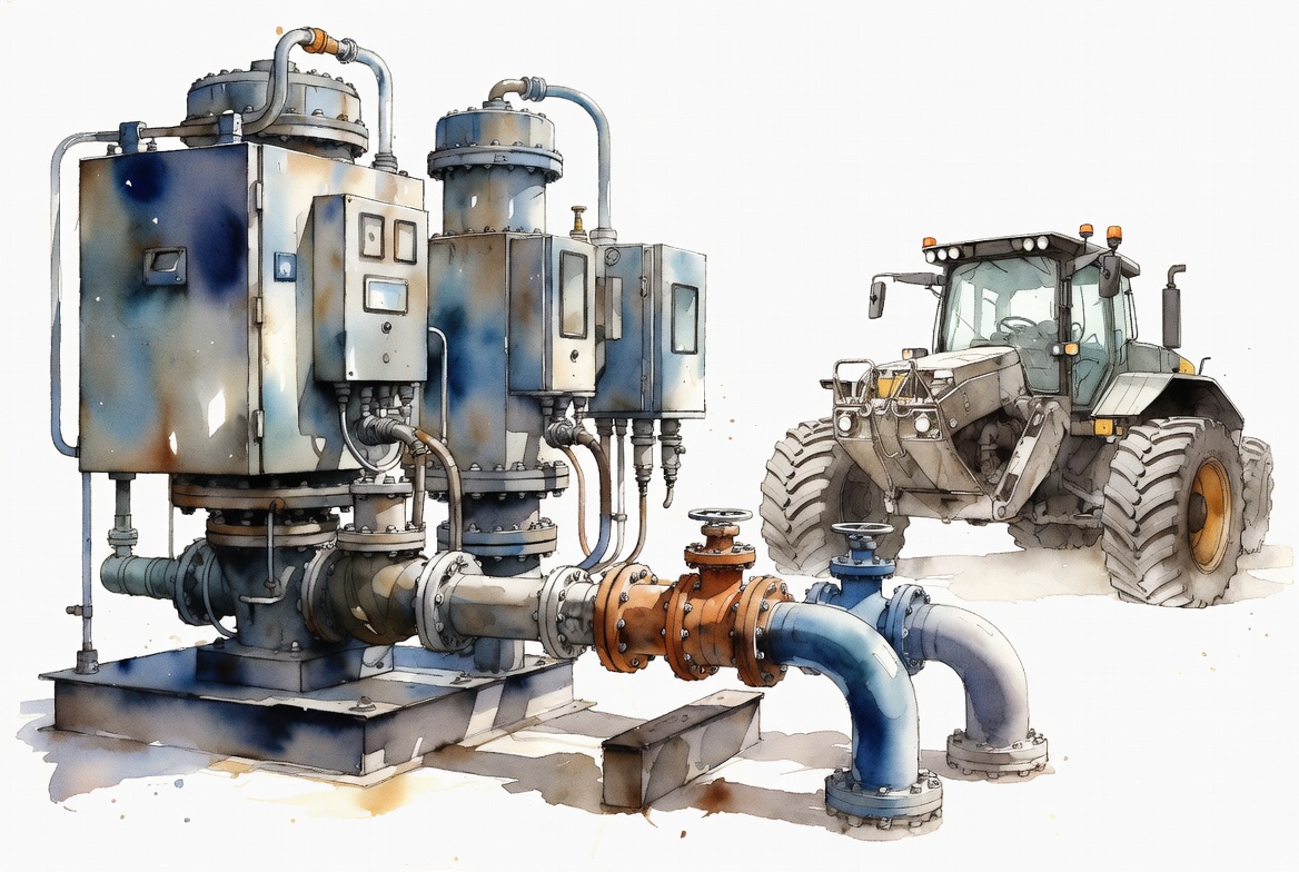 Golf course equipment breakdown insurance watercolor with irrigation pumps, machinery, mechanical equipment, and course systems
