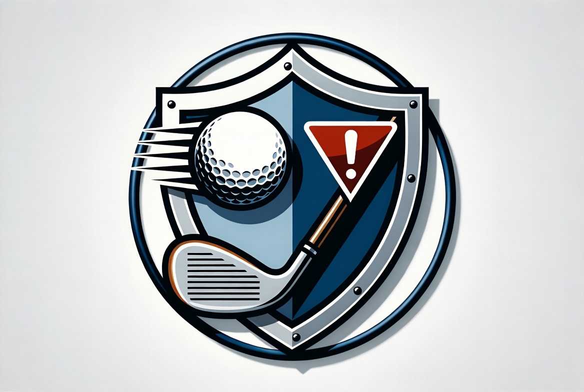Golf course general liability insurance icon with protective shield, flying golf ball, club, and course hazard
