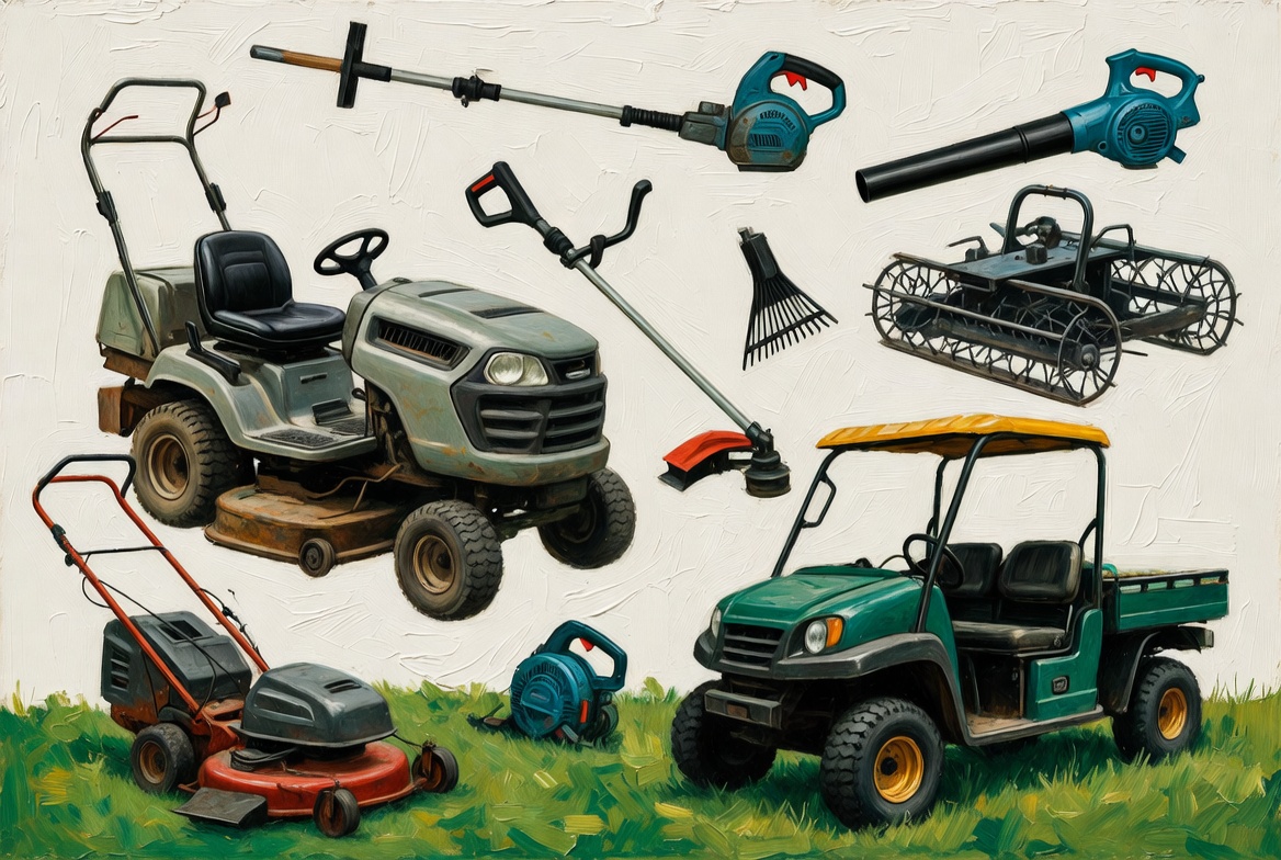 Golf course groundskeeping insurance original oil painting with tools mowers and equipment