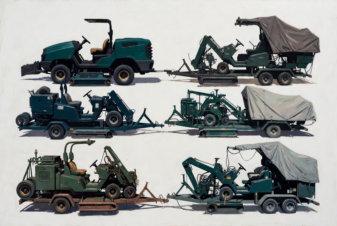 Golf course inland marine insurance original oil painting with mobile equipment and transport