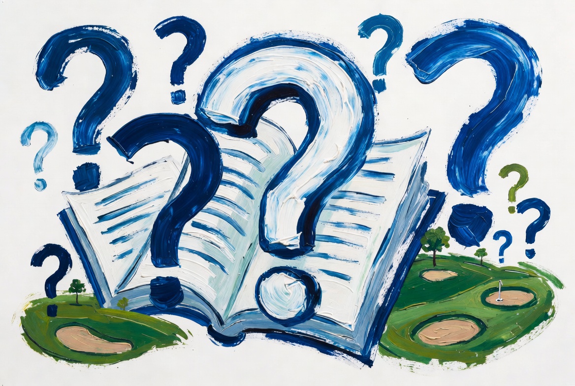 Golf course insurance FAQs original oil painting with question marks documents and course insurance paperwork