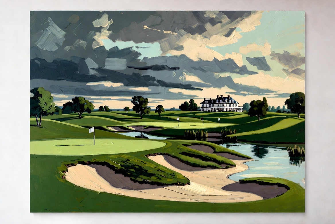 Private golf club insurance with dramatic fairways, clubhouse, trees, and cloudy golf course views