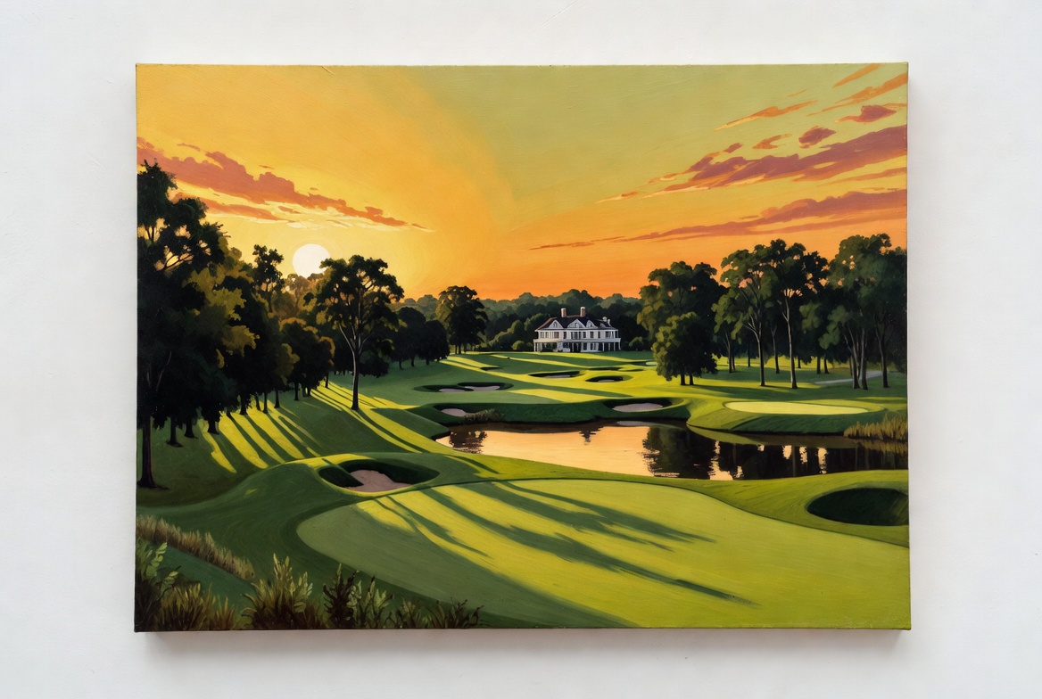 Golf course insurance scene with fairways, clubhouse, trees, and golden hour course views