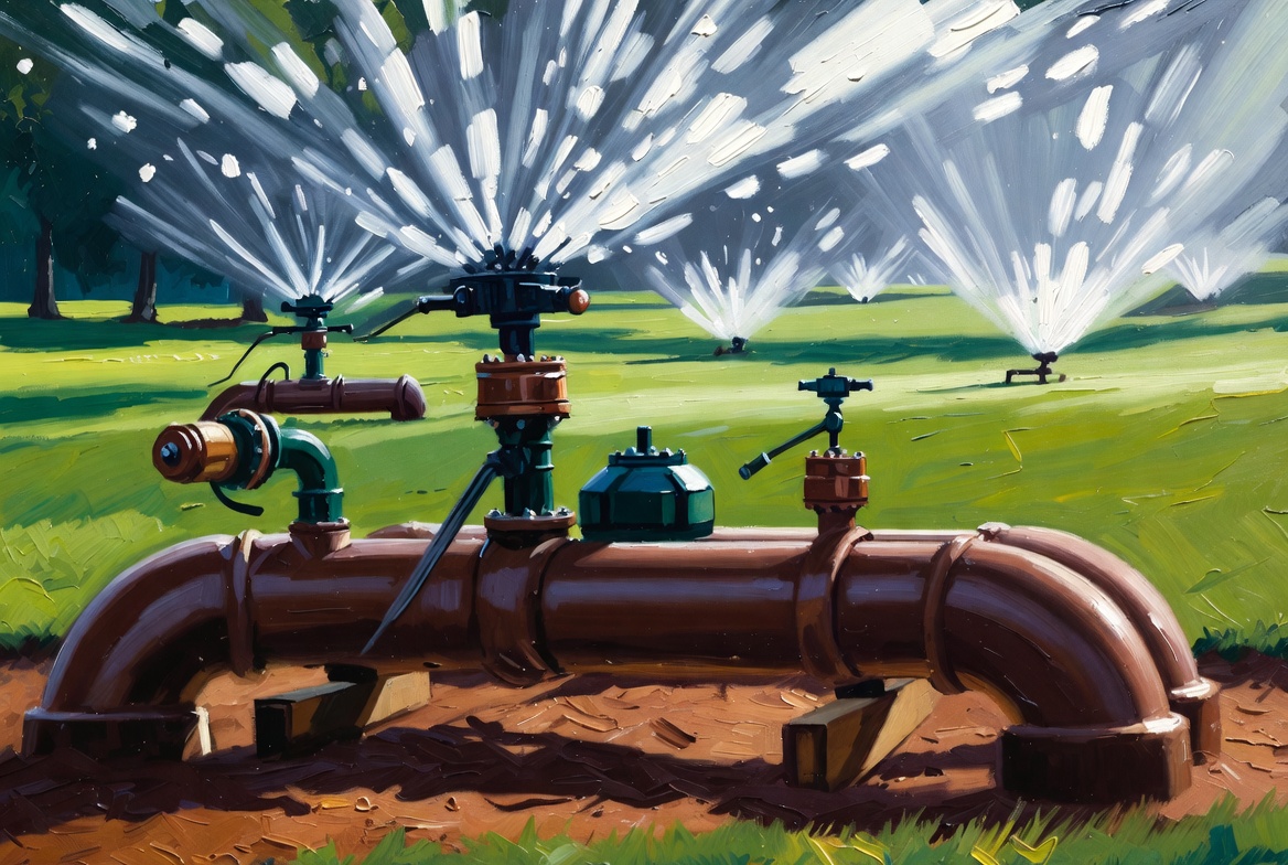 Golf course irrigation system insurance original oil painting with pipes sprinklers and valves