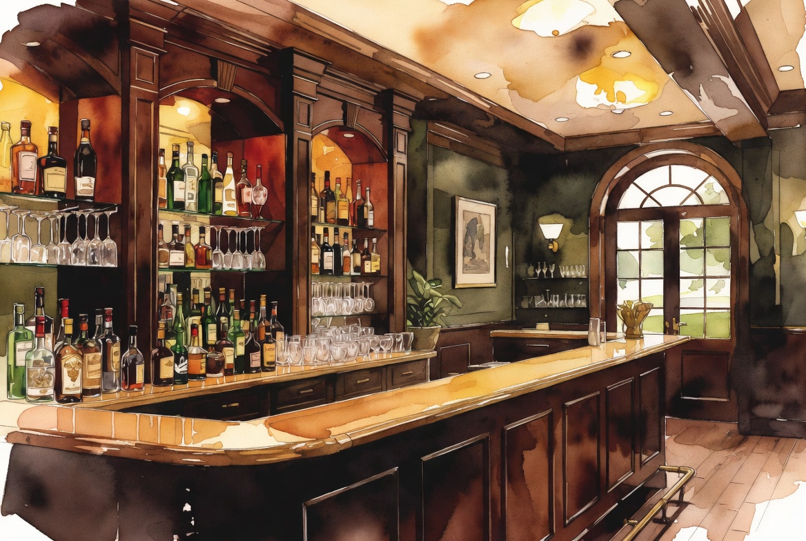 Golf course liquor liability insurance watercolor with clubhouse bar, elegant glasses, golf club hospitality, and alcohol service